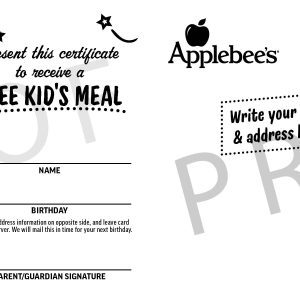 JA FOODS_Applebee's_Happy Birthday_Free Kids Meal_Postcard_6X4